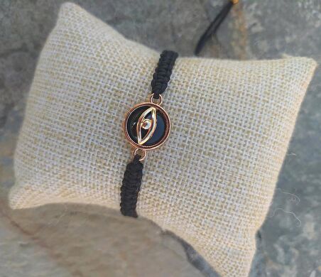 Bileklik Göz Figürlü Siyah Taşlı Rose Gold Makrome Ayarlanabilir İp Bileklik Bijuteri Takı Bilezik 