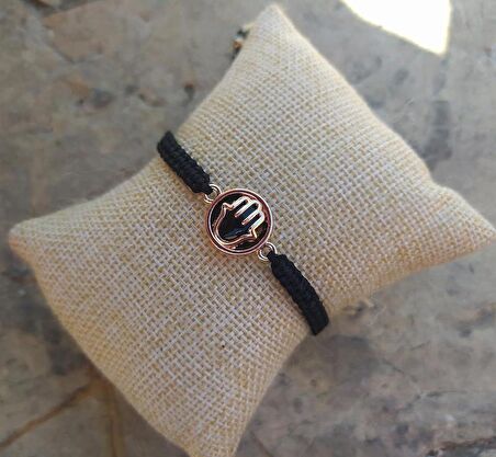 Bileklik El Figür Siyah Taşlı Rose Gold Makrome Ayarlanabilir İp Bileklik Bijuteri Takı Bilezik 