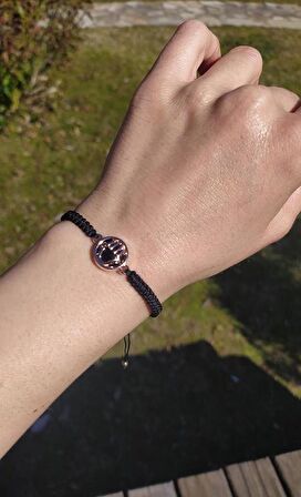 Bileklik El Figür Siyah Taşlı Rose Gold Makrome Ayarlanabilir İp Bileklik Bijuteri Takı Bilezik 