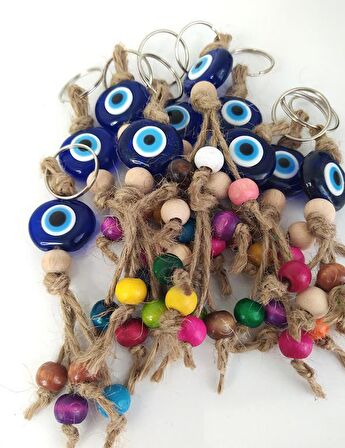 Nazar Boncuk Anahtarlık 20 Adet Kötü Göz Kovucu Nazar Hand Made Hasır Renkli Ahşap Boncuklu Nazarlı Anahtarlık