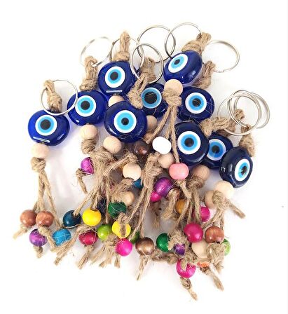 Nazar Boncuk Anahtarlık 20 Adet Kötü Göz Kovucu Nazar Hand Made Hasır Renkli Ahşap Boncuklu Nazarlı Anahtarlık