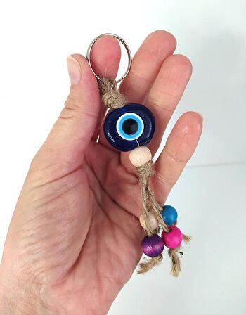 Nazar Boncuk Anahtarlık 20 Adet Kötü Göz Kovucu Nazar Hand Made Hasır Renkli Ahşap Boncuklu Nazarlı Anahtarlık