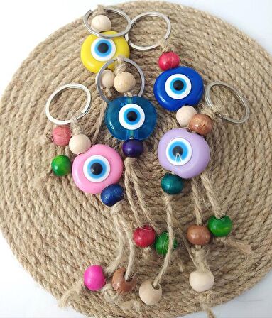Nazar Boncuk Anahtarlık 5 Adet Kötü Göz Kovucu Nazar Hand Made Hasır Renkli Boncuklu Nazarlı Anahtarlık