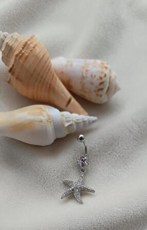 Göbek Piercing Medikal Çelik Vidalı Deniz Yıldızı Gri Kadın İthal 316 L Paslanmaz 15836