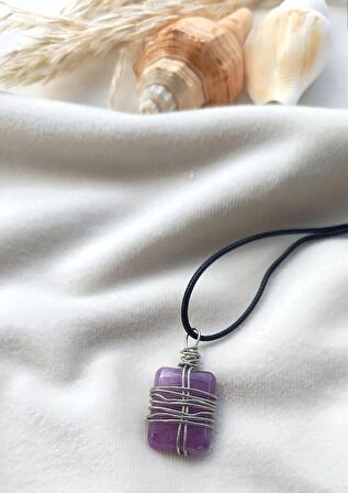 Kolye Gerdanlık Doğal Taş Ametis Tel Sarmal Çakra Yoga Reiki Kadın    