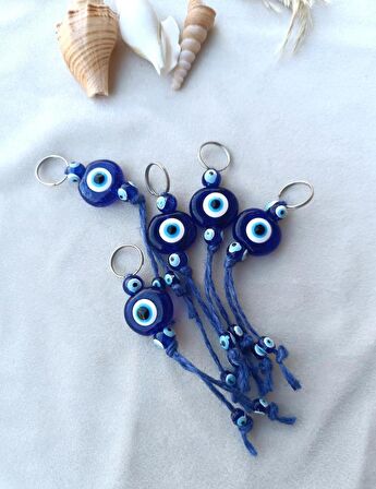 Nazar Boncuk Hasır Anahtarlık 5 Adet Araba Çanta Süsü Kötü Göz Kovucu Nazar Hand Made Mavi Boncuklu Nazarlı 