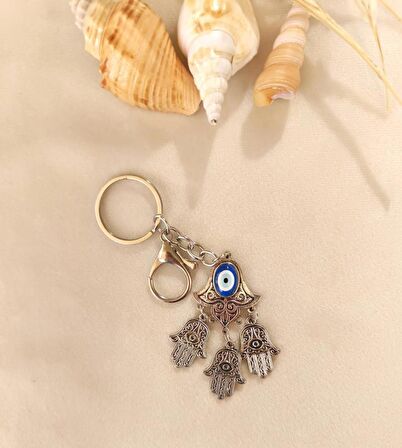 Anahtarlık Metal Nazar Boncuklu Rabia Ana Eli Kötü Göz Kovucu Çanta Dikiz Ayna Süsü