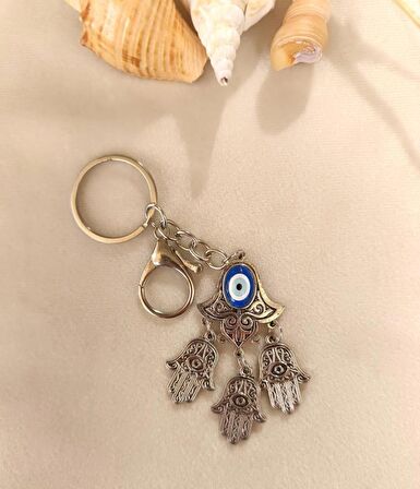 Anahtarlık Metal Nazar Boncuklu Rabia Ana Eli Kötü Göz Kovucu Çanta Dikiz Ayna Süsü