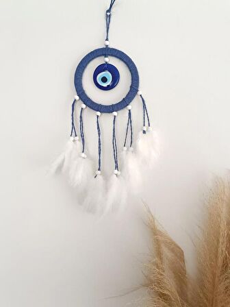 Nazar Boncuklu Mavi Düş Kapanı Dreamcatcher Kuş Tüyü Kötü Rüya Kovucu Rüya Kapanı Duvar Süsü    