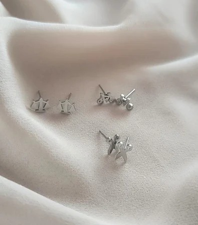 Küpe Kararmaz Çelik 316L Lüks 3 lü Set Makas Bisiklet Terazi Kadın Küpe   