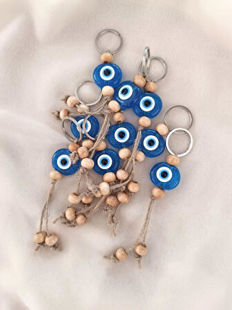 Nazar Boncuk Anahtarlık Şeffaf Mavi 10 Adet Kötü Göz Kovucu Nazar Hand Made Hasır Nazarlı Anahtarlık