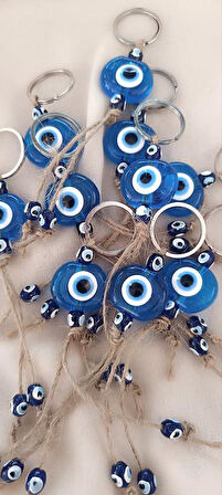 Nazar Boncuk Anahtarlık Şeffaf Mavi 10 Adet Kötü Göz Kovucu Nazar Hand Made Hasır Nazarlı Anahtarlık