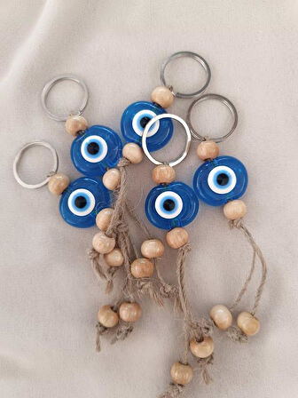 Nazar Boncuk Şeffaf Mavi Anahtarlık 5 Adet Kötü Göz Kovucu Ahşap Boncuklu Nazar Hand Made Hasır Nazarlı Anahtarlık
