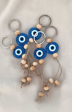 Nazar Boncuk Şeffaf Mavi Anahtarlık 5 Adet Kötü Göz Kovucu Ahşap Boncuklu Nazar Hand Made Hasır Nazarlı Anahtarlık