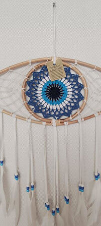 Düş Kapanı Göz Makrome Dreamcatcher Bambu Nazarlı Beyaz Kuş Tüyü Rüya Kapanı Duvar Süsü Elişi