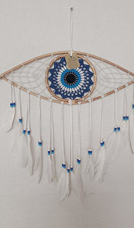 Düş Kapanı Göz Makrome Dreamcatcher Bambu Nazarlı Beyaz Kuş Tüyü Rüya Kapanı Duvar Süsü Elişi