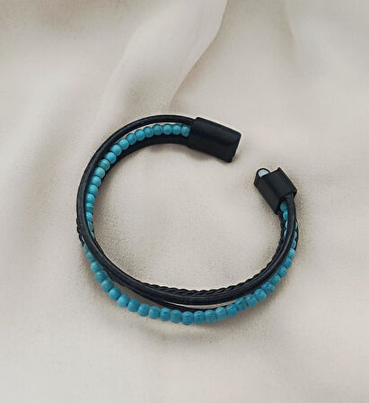 Doğaltaş Deri Bileklik Turkuaz Taşı Unisex (20 cm) Örgü Çoklu Bilezik