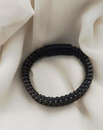 Bileklik Hakiki Deri Örgü Unisex (20.3 cm) Boncuklu Bilezik  