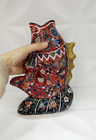 Çini Geleneksel Desenli Seramik Vazo Balık Çiçek Biblo Çini Seramik Dekoratif Obje   