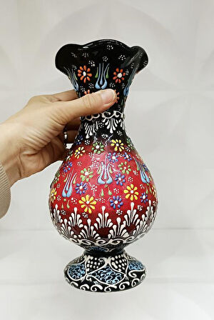 Çini Geleneksel Desenli Seramik Vazo 25 cm Çiçek Biblo Çini Seramik Dekoratif Obje          