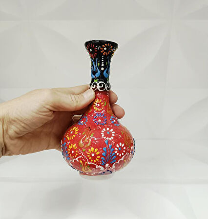 Çini Geleneksel Desenli Seramik Vazo 16 cm Çiçek Biblo Çini Seramik Dekoratif Obje         
