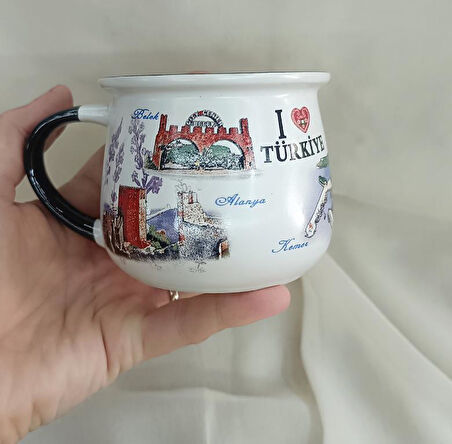 Bardak Kupa Seramik Kulplu 200 ml Yöresel Meşrubat Su Kahve Bardağı Antalya Görselli
