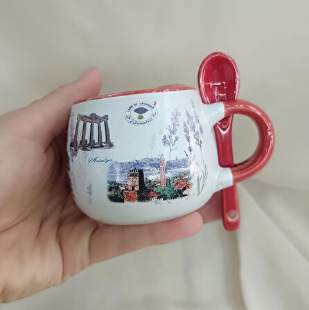 Bardak Kupa Seramik Kulplu Kaşıklı 100 ml Yöresel Meşrubat Su Kahve Bardağı Antalya Görselli