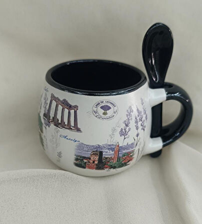 Bardak Kupa Seramik Kulplu Kaşıklı 100 ml Yöresel Meşrubat Su Kahve Bardağı Antalya Görselli