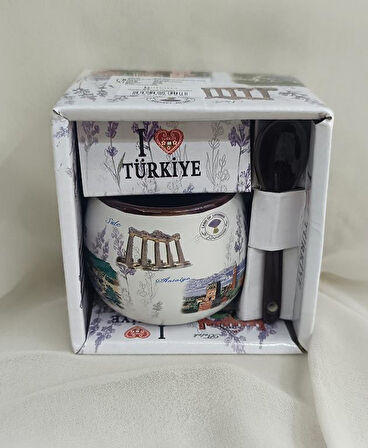 Bardak Kupa Seramik Kulplu Kaşıklı 100 ml Yöresel Meşrubat Su Kahve Bardağı Antalya Görselli