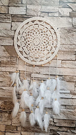 Düş Kapanı Makrome Dreamcatcher Ekru Kuş Tüyü Rüya Kapanı Duvar Süsü Elişi