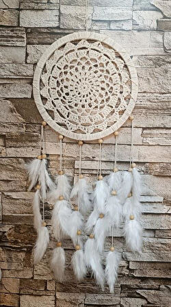 Düş Kapanı Makrome Dreamcatcher Ekru Kuş Tüyü Rüya Kapanı Duvar Süsü Elişi