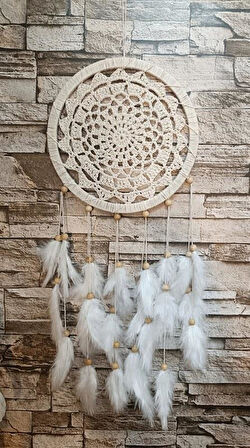 Düş Kapanı Makrome Dreamcatcher Ekru Kuş Tüyü Rüya Kapanı Duvar Süsü Elişi