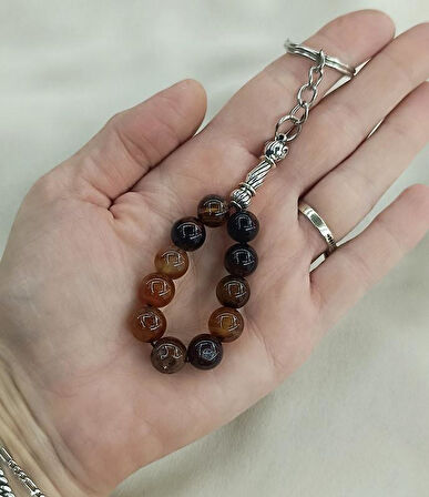 Tesbih Anahtarlık 11 li 10 mm Doğal Taş Akik Sardoniks Mini Tesbih 