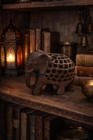 Dekoratif Fil Biblo 10x12 cm – Kafes Detaylı İçinde Küçük Fil Figürlü Otantik Masaüstü & Vitrin Süsü
