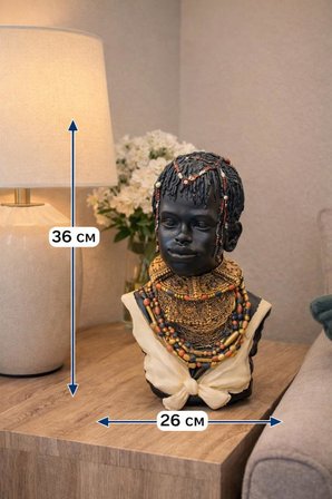 Afrikalı Kadın Büst Biblo 36 cm – Etnik Salon Dekorasyonu, Afrika Temalı Dekoratif Heykel, Konsol ve Şömine Üstü Dekor Objesi