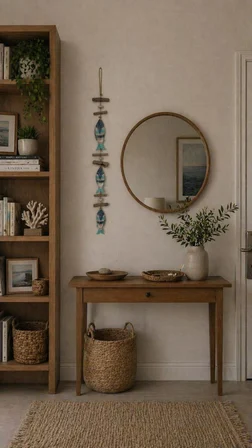 Doğal Ahşap Balık Duvar Dekoru 3’lü – Marin & Bohem Stil (103 cm