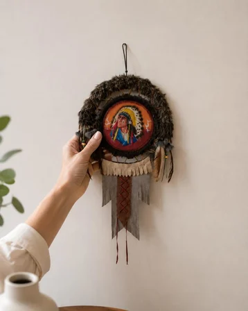 Kızılderili Deri Detaylı Tüylü Duvar Süsü  El Yapımı Bohem Otantik Salon Dekoru 48 x 28 cm  