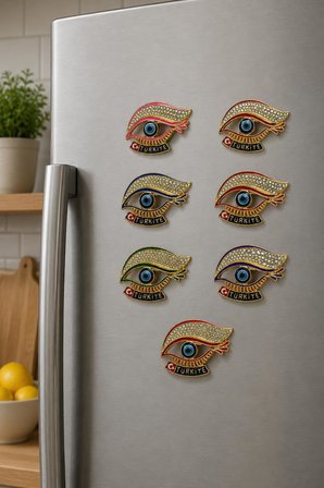 Magnet Nazar Boncuklu Göz Figürlü Türkiye Buzdolabı Süsü – Metal Taşlı Dekoratif Hediyelik Magnet 7x5 cm