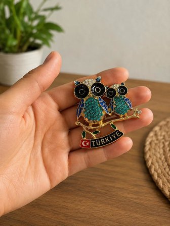 Magnet Baykuş Figürlü Türkiye Hatıra Buzdolabı Süsü Taşlı Metal Dekoratif Magnet 7x6 cm