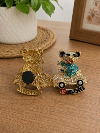 Magnet Ayıcıklı Araba Figürlü Taşlı Metal Buzdolabı Süsü – Türkiye Yazılı Dekoratif Hediyelik Magnet