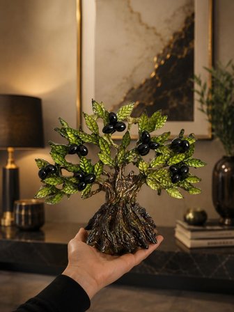 Dekoratif Zeytin Ağacı Biblo 21x26 cm Reçine El Yapımı Siyah Zeytinli Konsol Vitrin Ofis Masa Üstü Ev Dekoru 