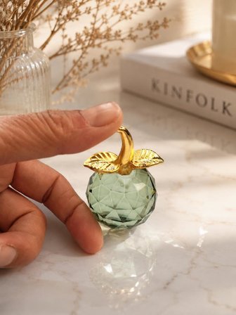 Mini Kristal Cam Dekoratif Elma Biblo 6.5 CM Gold Yapraklı Modern Masa Ofis Süsü 