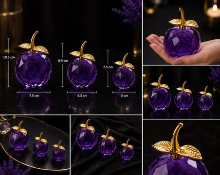 Kristal Cam Elma Biblo Seti 3’lü Mor Renk Gold Yapraklı Dekoratif Masa Üstü Obje 