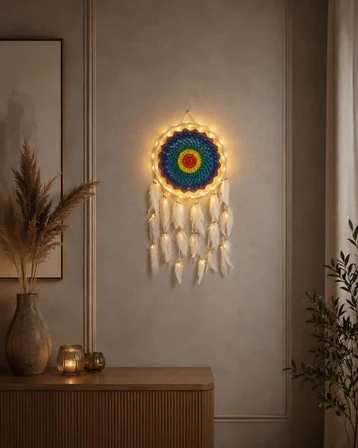 LED Işıklı Dream Catcher Düş Kapanı El Yapımı Bohem Duvar Süsü Renkli Mandala Dekor 22 Cm