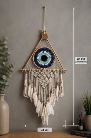 Makrome Bambu Düş Kapanı Bohem Duvar Süsü Dream Catcher El Yapımı Dekor 80x33 CM  