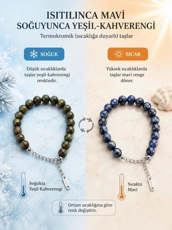 His Taşı Doğal Taş Bileklik – Sıcağa Duyarlı Renk Değiştiren Termokromik Taş – Çelik Uzatma Zincirli Unisex Bileklik