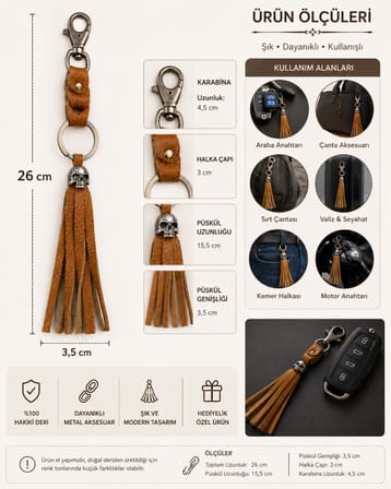 Karabinalı Anahtarlık Deri Araba Anahtarlığı Çanta Süsü Hakiki Deri Çanta Aksesuarı Unisex 26 CM  