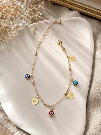 Renkli Nazar Boncuklu Gold Renk Halhal Kadın Ayak Bilekliği Ayarlanabilir Zincirli Şans ve Kalp Figürlü Halhal