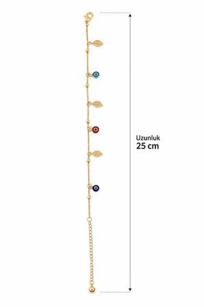 Renkli Nazar Boncuklu Yaprak Figürlü Gold Renk Kadın Halhal Ayarlanabilir Zincir Ayak Bilekliği