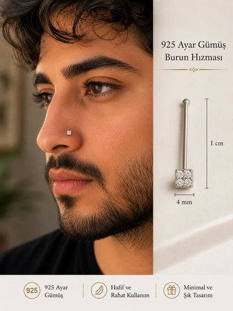 925 Ayar Gümüş Minimal Burun Hızması Piercing Zirkon Taşlı Unisex Halka Nose Ring Günlük Kullanım Şık Tasarım